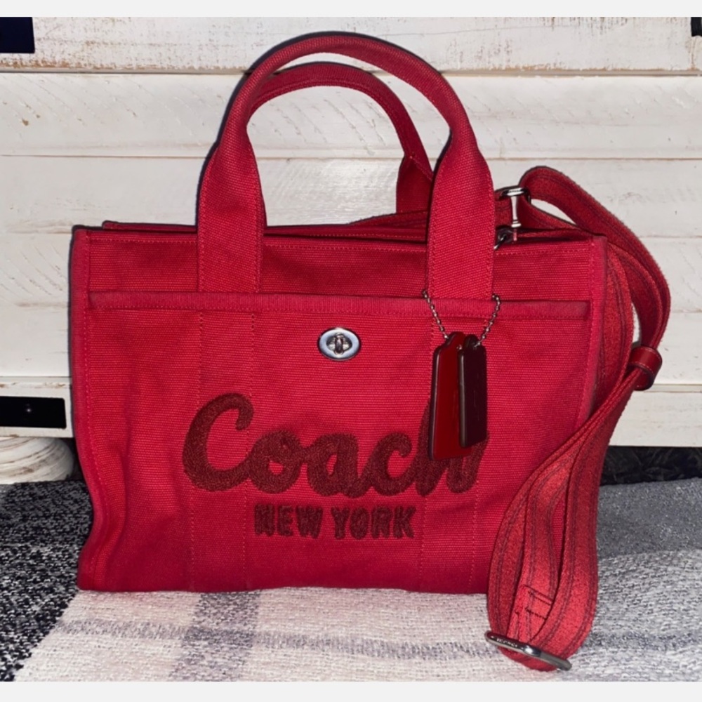 Coach CP158 Cargo Tote Bag Red Canvas Crossbody Trendy HTF